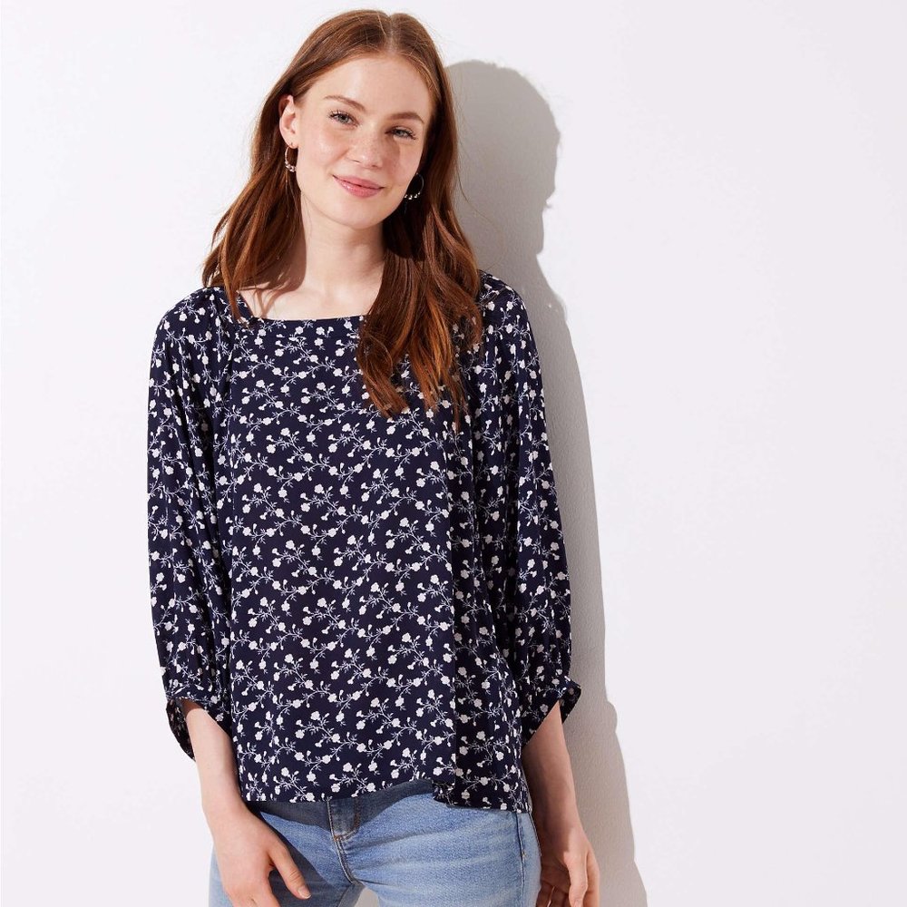 Loft Navy/Pink Floral Square-Neck Blouse
